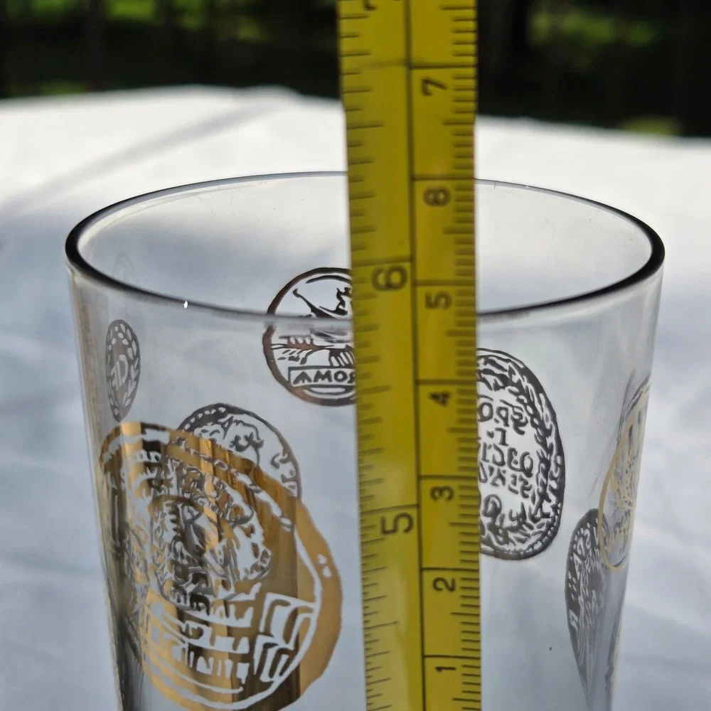Vtg Highball Glasses Set 8 clear + Smoky Grey Gold Roman Coin MCM Barware Caddy